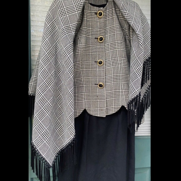 Vintage Albert Nipon 3 Pc Set Tailor Blazer Skirt Matching Shawl Houndstooth - Picture 4 of 12
